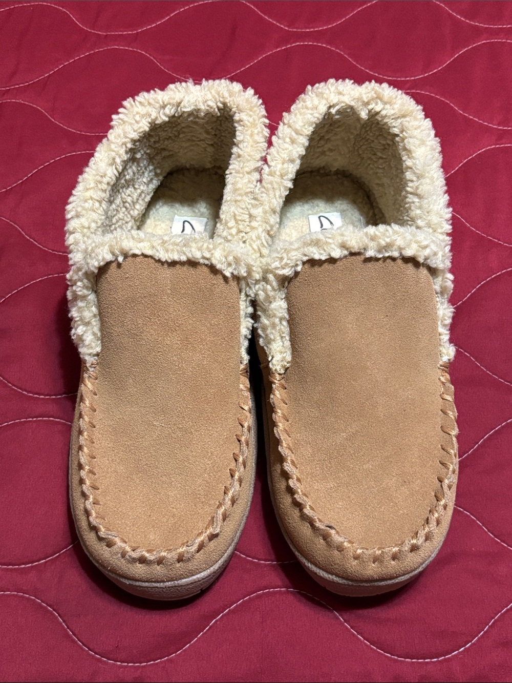 Clarks Suede Moccasin Slippers in Light Brown with Cream Lining